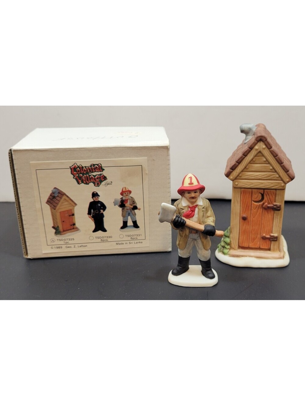 Vintage 1989 Lefton China Colonial Village Outhouse #07325 & Fireman #07331